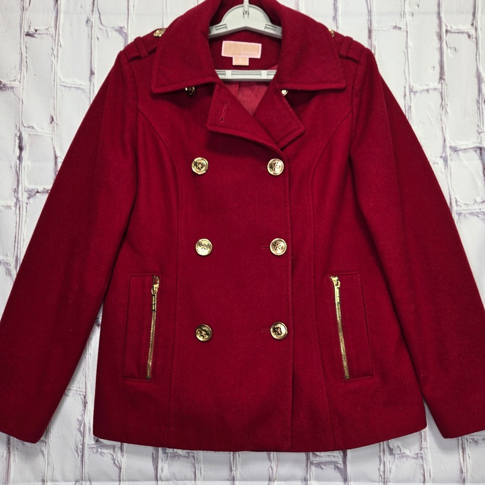 Michael Kors Womens Red‎ Wool Blend Double Breasted Pea Coat Jacket Size 10